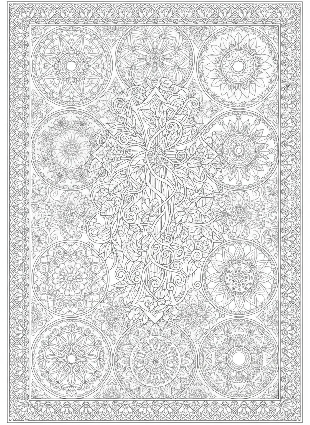 Kreuz umwickelt mit Ranken, Florales Kreuz Ausmalbild für Erwachsene im Stil des Bibel-Journaling.
