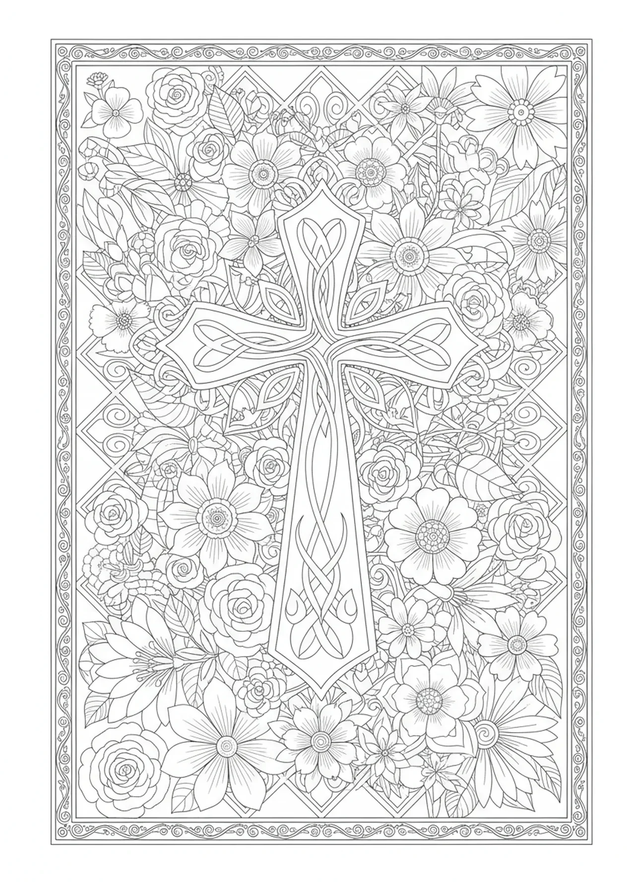 Verzierte Kreuz umgeben von Blumen, Ausmalbild des floralen Kreuzes für Erwachsene im Stil des Bibel-Journalings.
