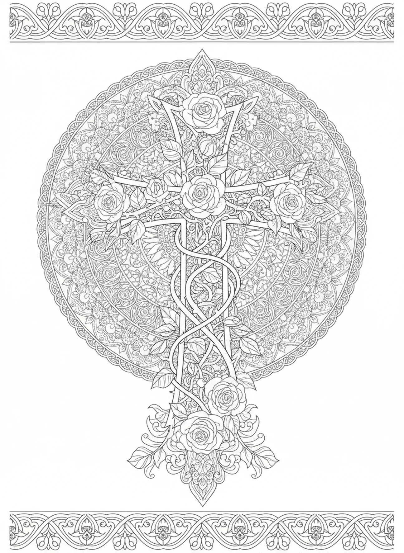 Verzierte Kreuz mit Rosen, Ausmalbild für Erwachsene im Stil des Bibel-Journaling.