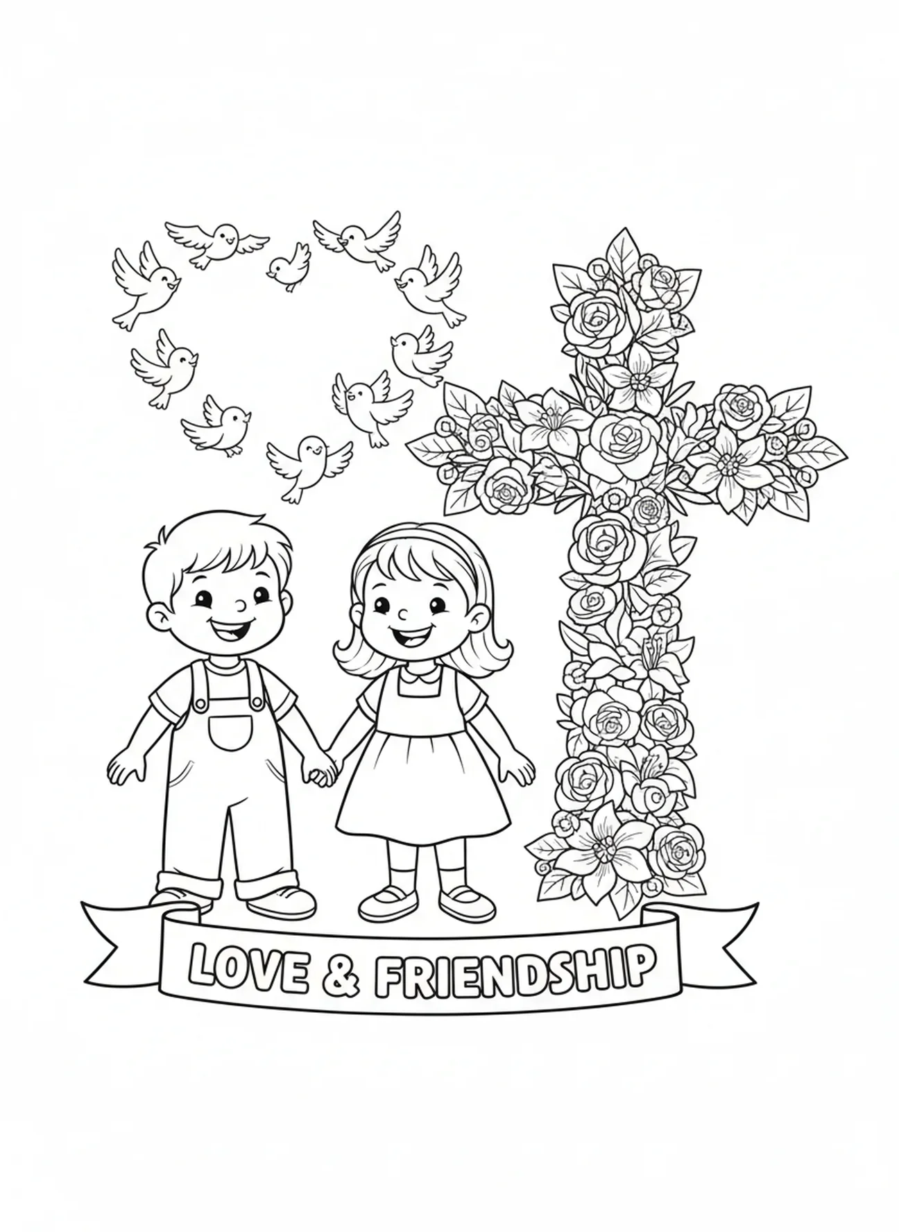 Deux enfants se tenant par la main près d'une croix florale, page à colorier de la croix florale pour les enfants de 5 à 10 ans.
