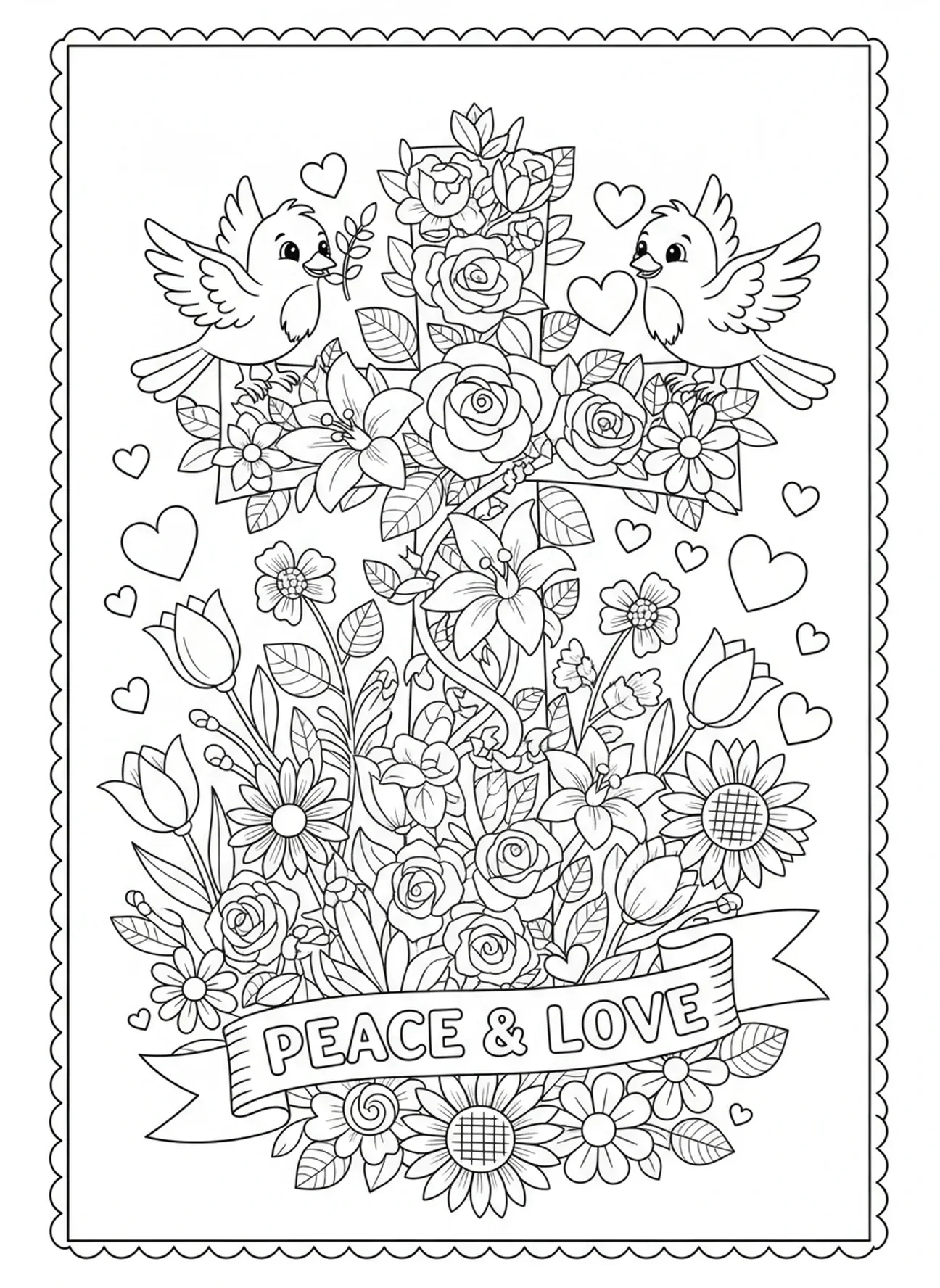 Croix florale avec des colombes perchées dessus, page à colorier Croix Florale pour enfants de 5 à 10 ans.