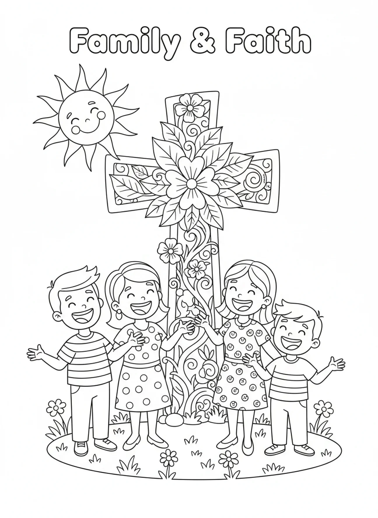Famille joyeuse rassemblée autour d'une croix florale, page à colorier de la croix florale pour enfants de 5 à 10 ans.