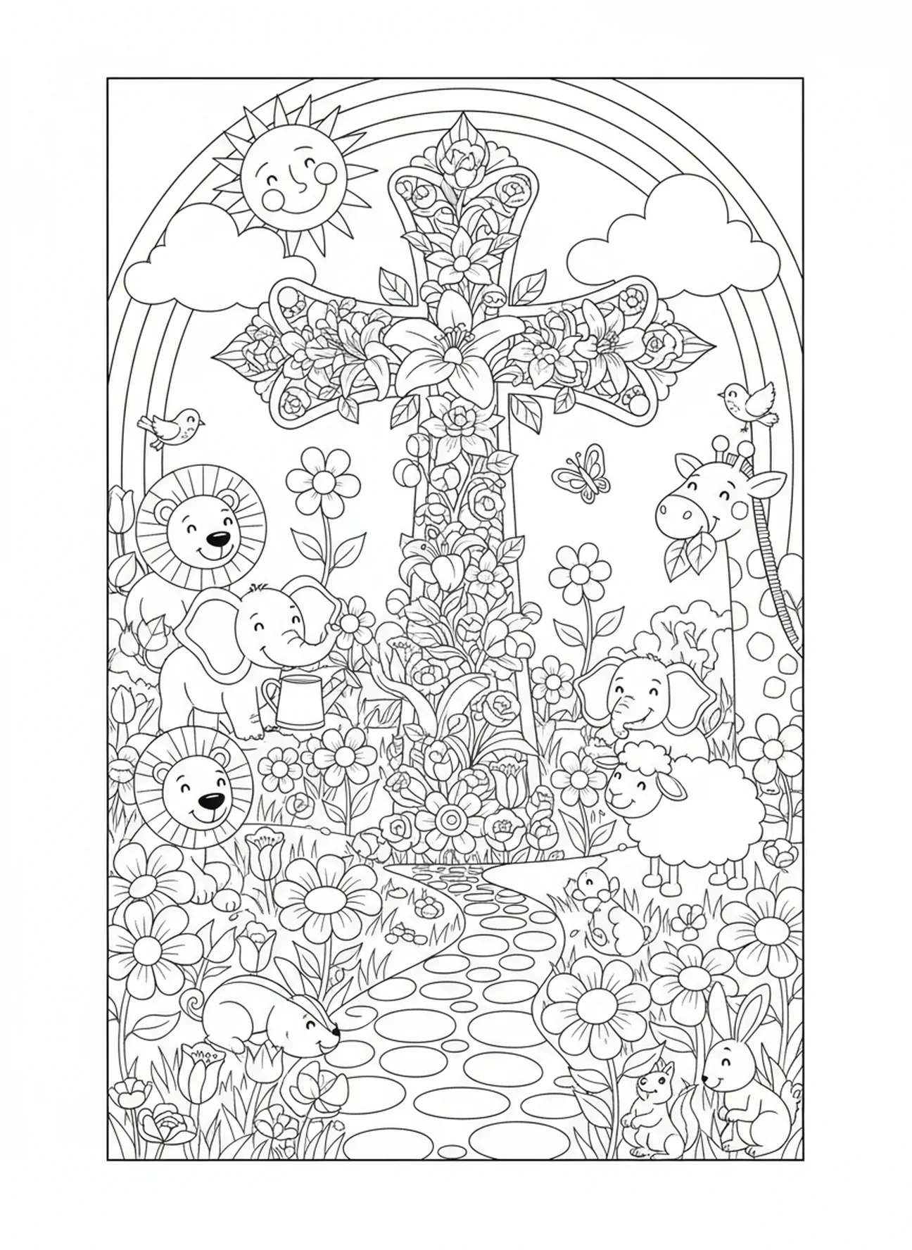 Croix florale dans un jardin avec des animaux souriants, page à colorier Croix florale pour les enfants de 5 à 10 ans.