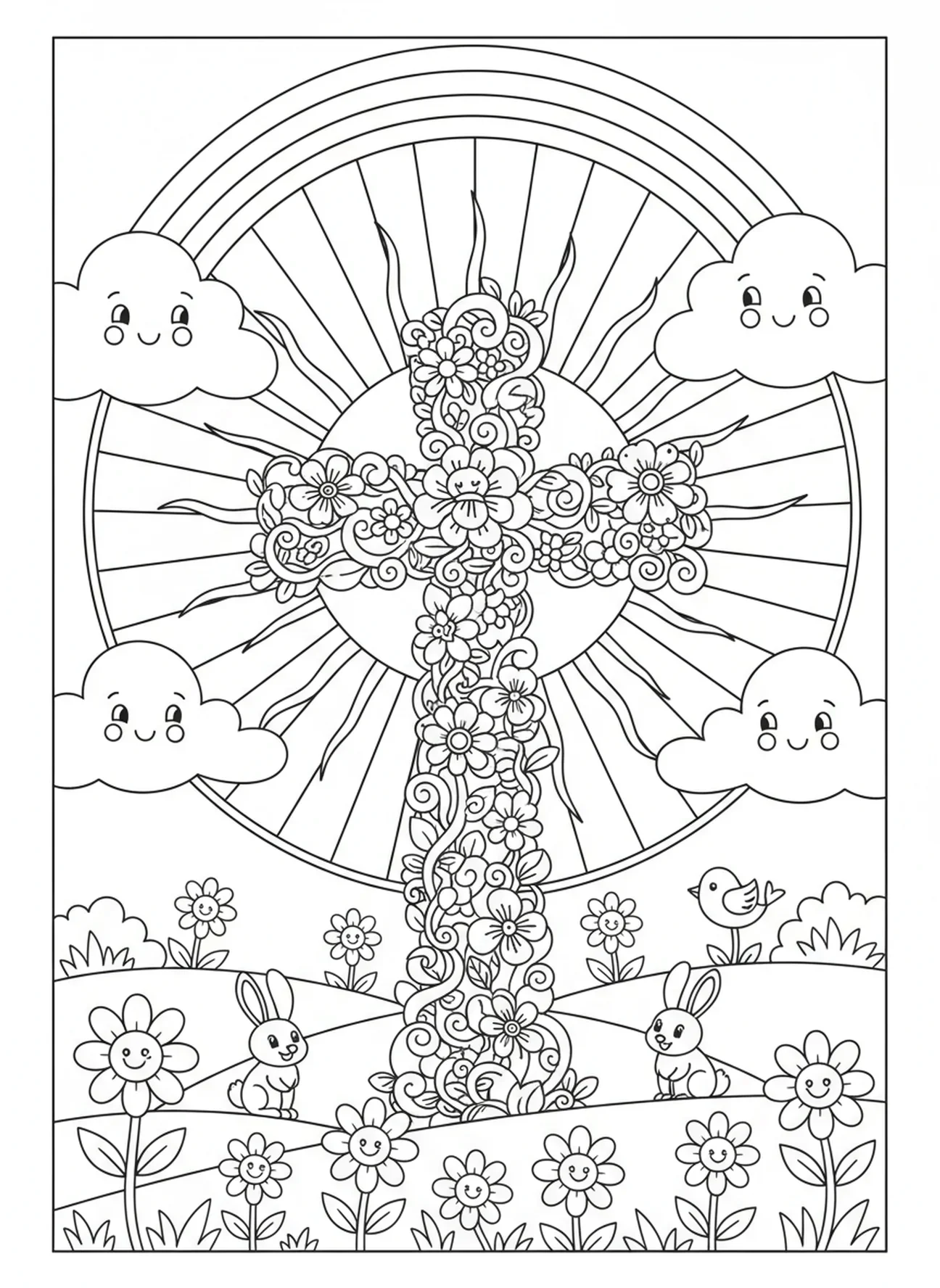 Croix florale silhouettée contre un coucher de soleil, page à colorier Croix florale pour enfants de 5 à 10 ans.