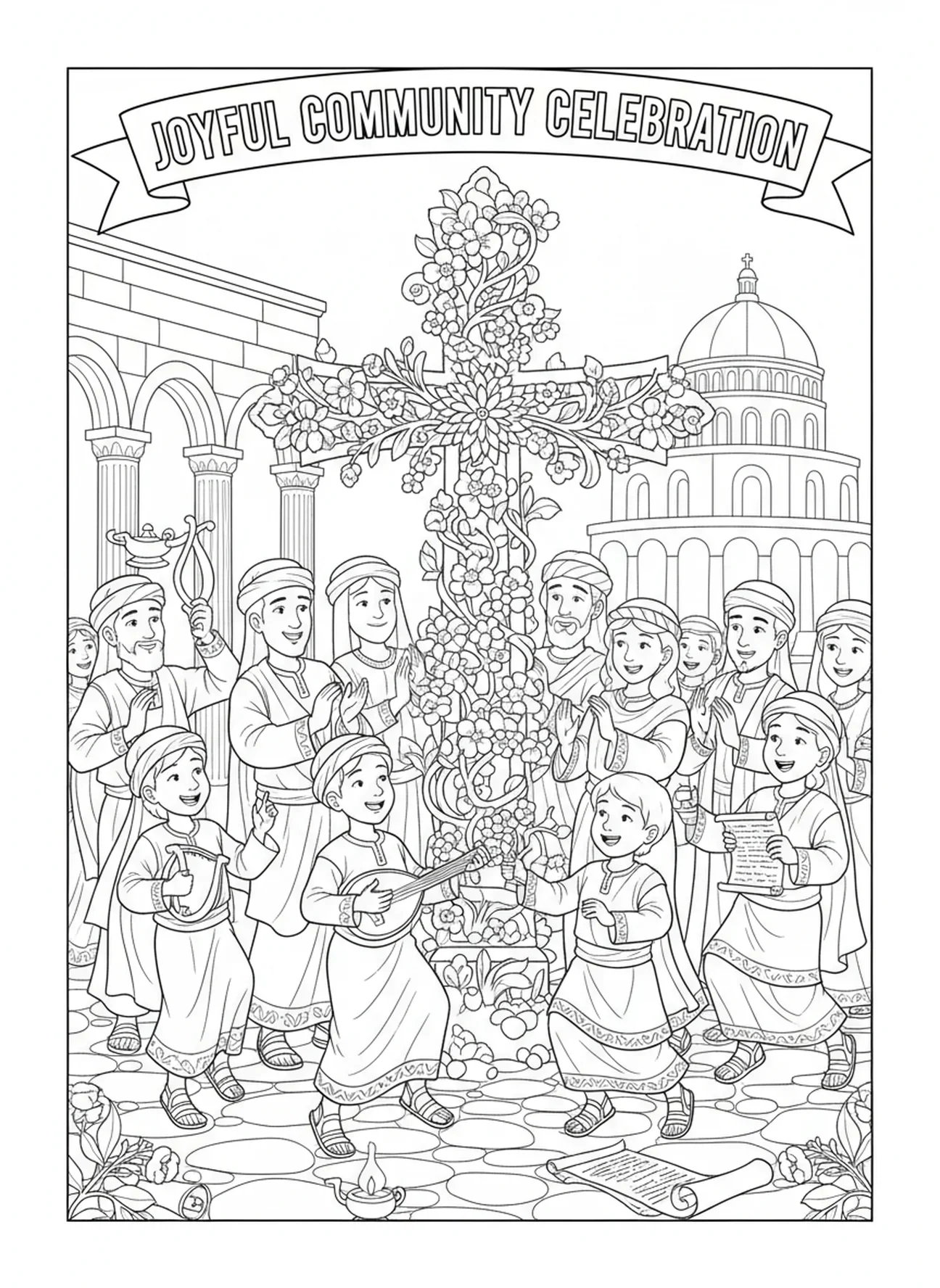 Célébration de la joie, page à colorier de la Croix florale pour les enfants de l'École du dimanche âgés de 5 à 12 ans.