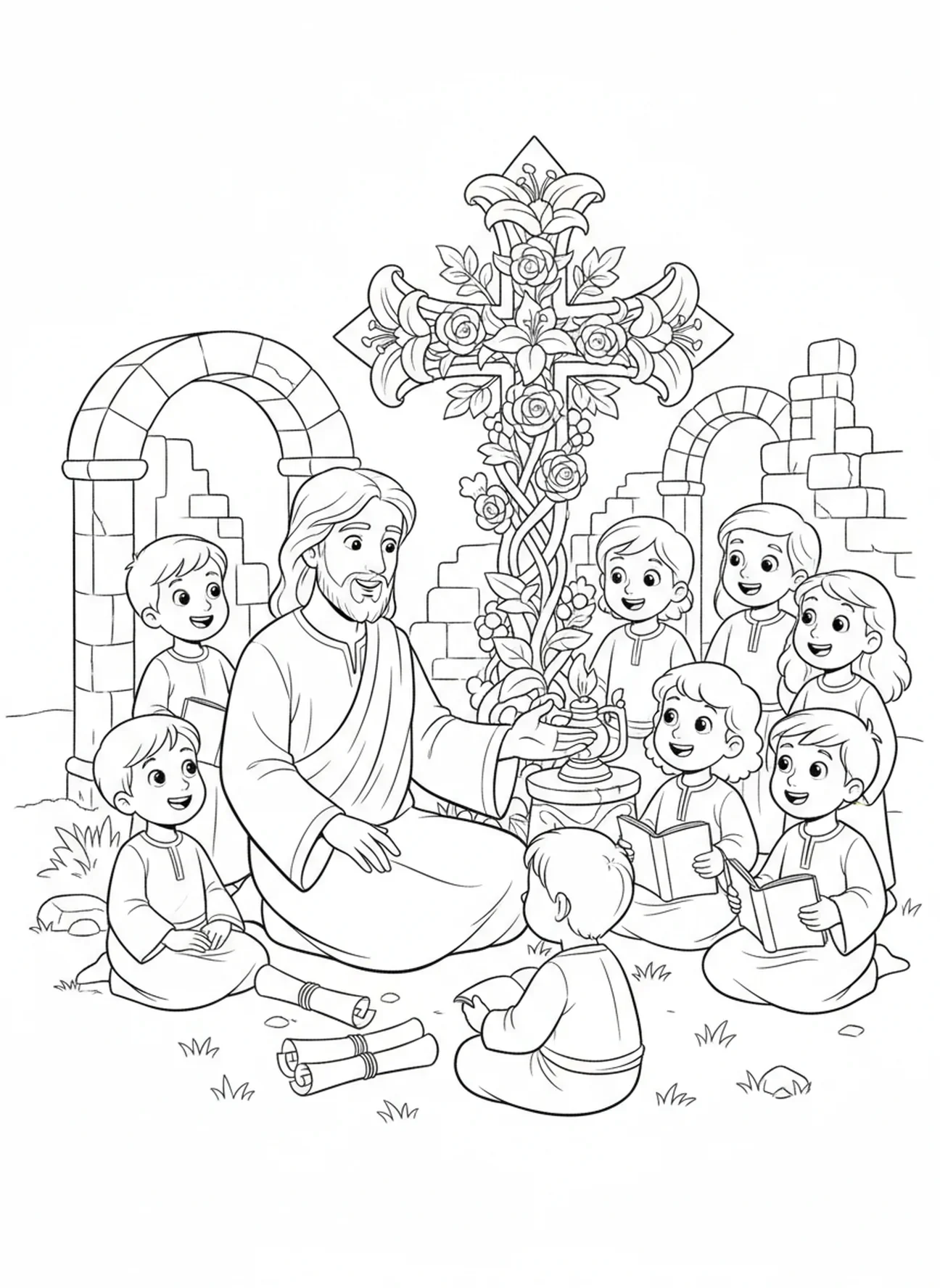 Enfants écoutant, page à colorier de la Croix florale pour les enfants de l'École du dimanche âgés de 5 à 12 ans.