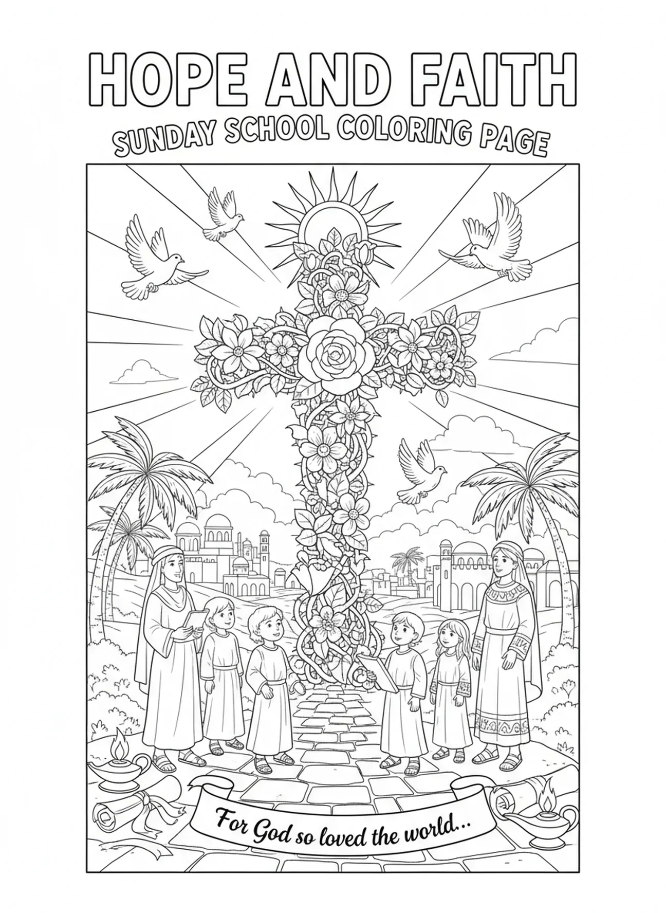 Croix florale symbolisant l'espoir, page à colorier Croix Florale pour les enfants de l'École du dimanche âgés de 5 à 12 ans.