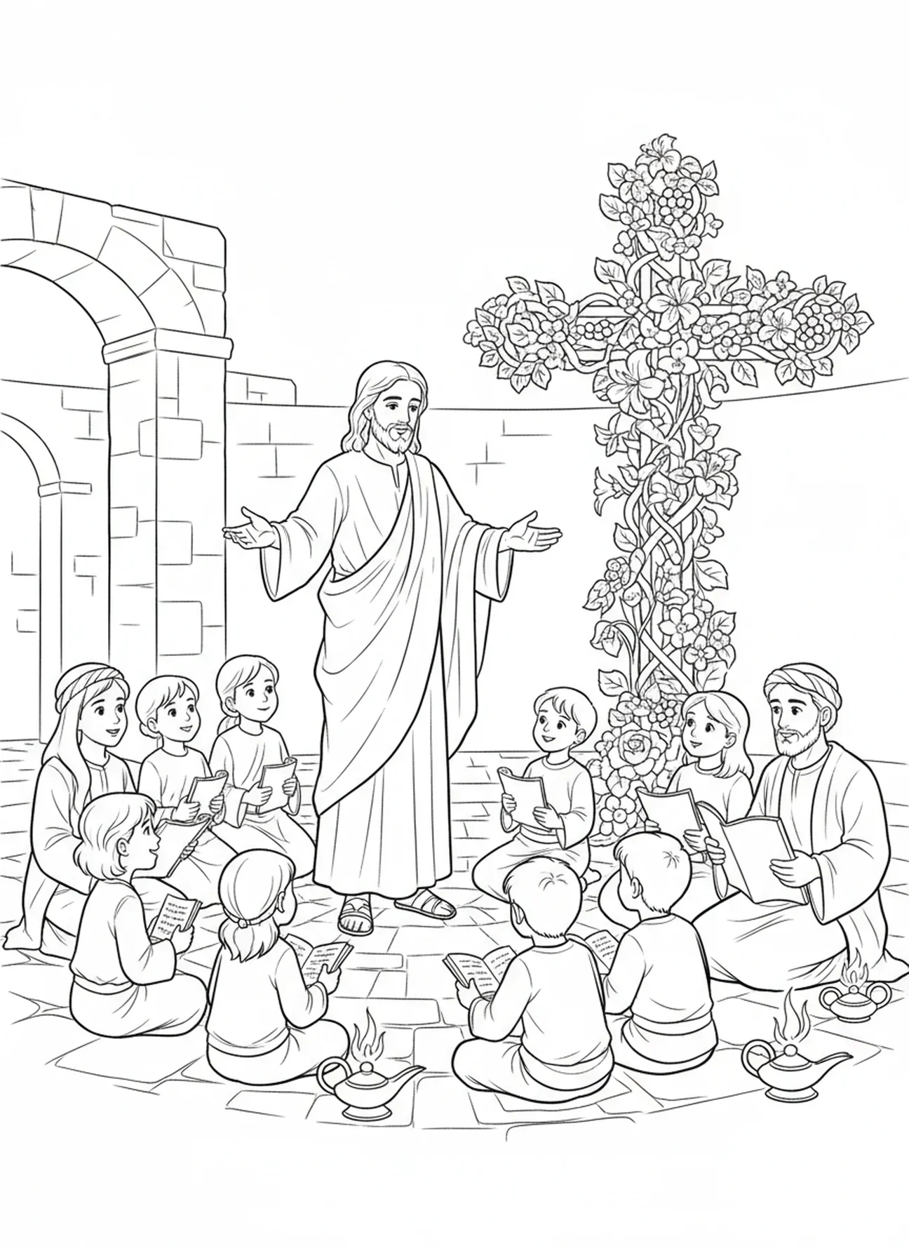 Jésus enseignant, page à colorier de la Croix florale pour les enfants de l'École du dimanche âgés de 5 à 12 ans.