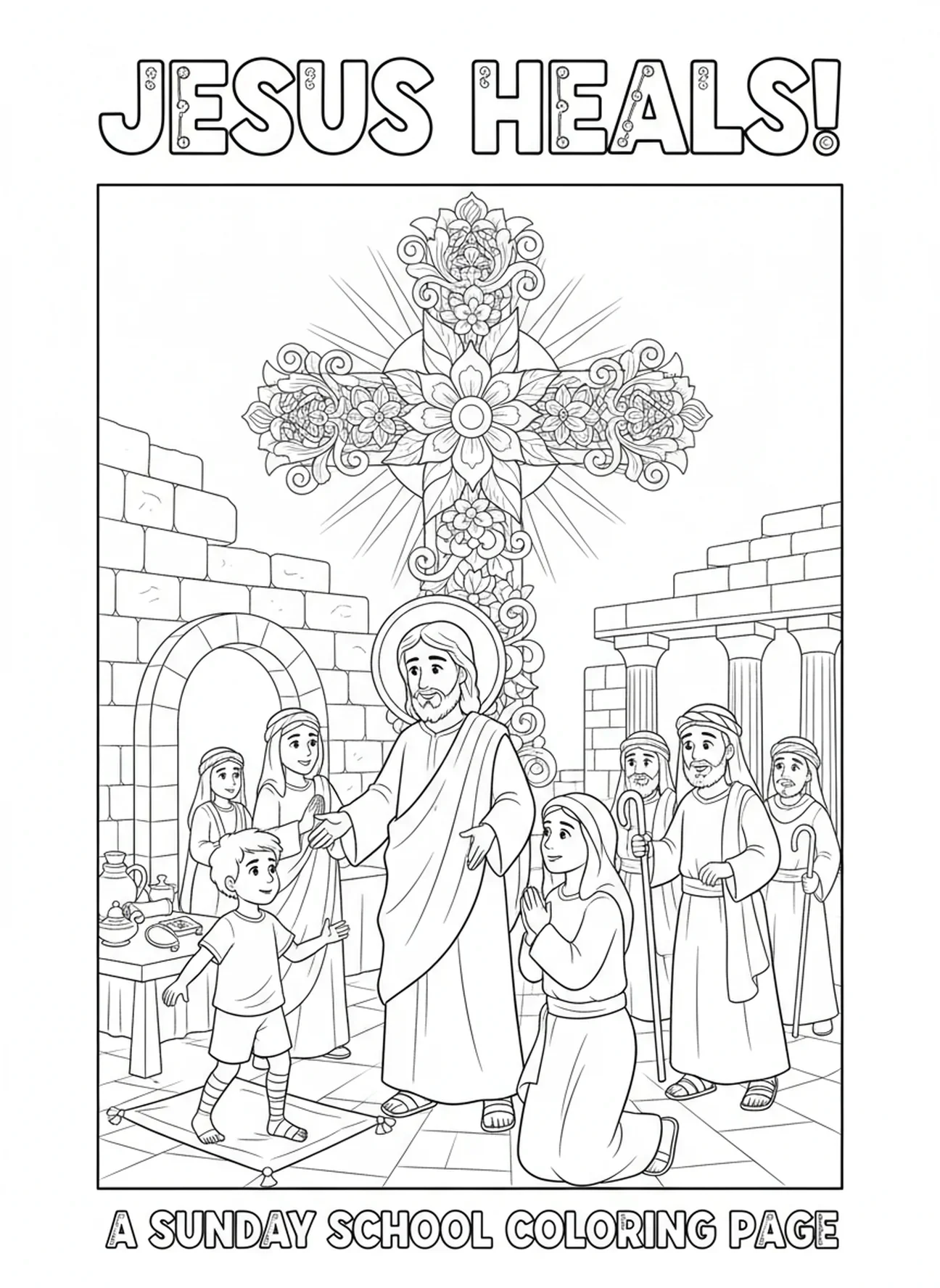 Jésus réalisant des miracles, page à colorier de la Croix florale pour les enfants de l'École du dimanche âgés de 5 à 12 ans.