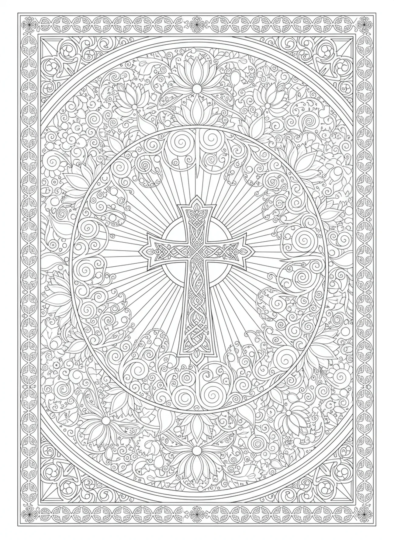Luz divina iluminando a cruz de ferro, página para colorir a cruz de ferro no estilo de journaling bíblico para adultos.