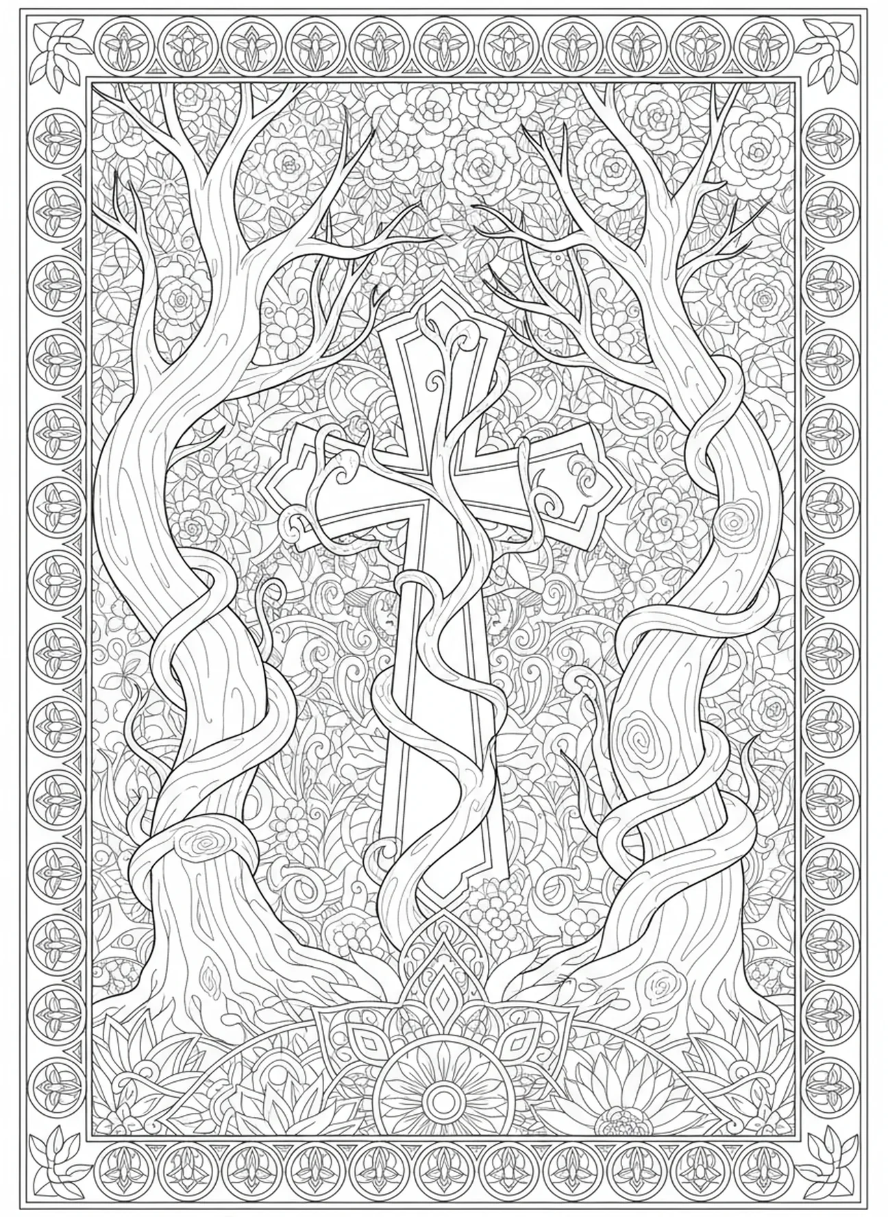 Cruz de ferro cercada pela natureza, página para colorir Cruz de Ferro no estilo de journaling bíblico para adultos.