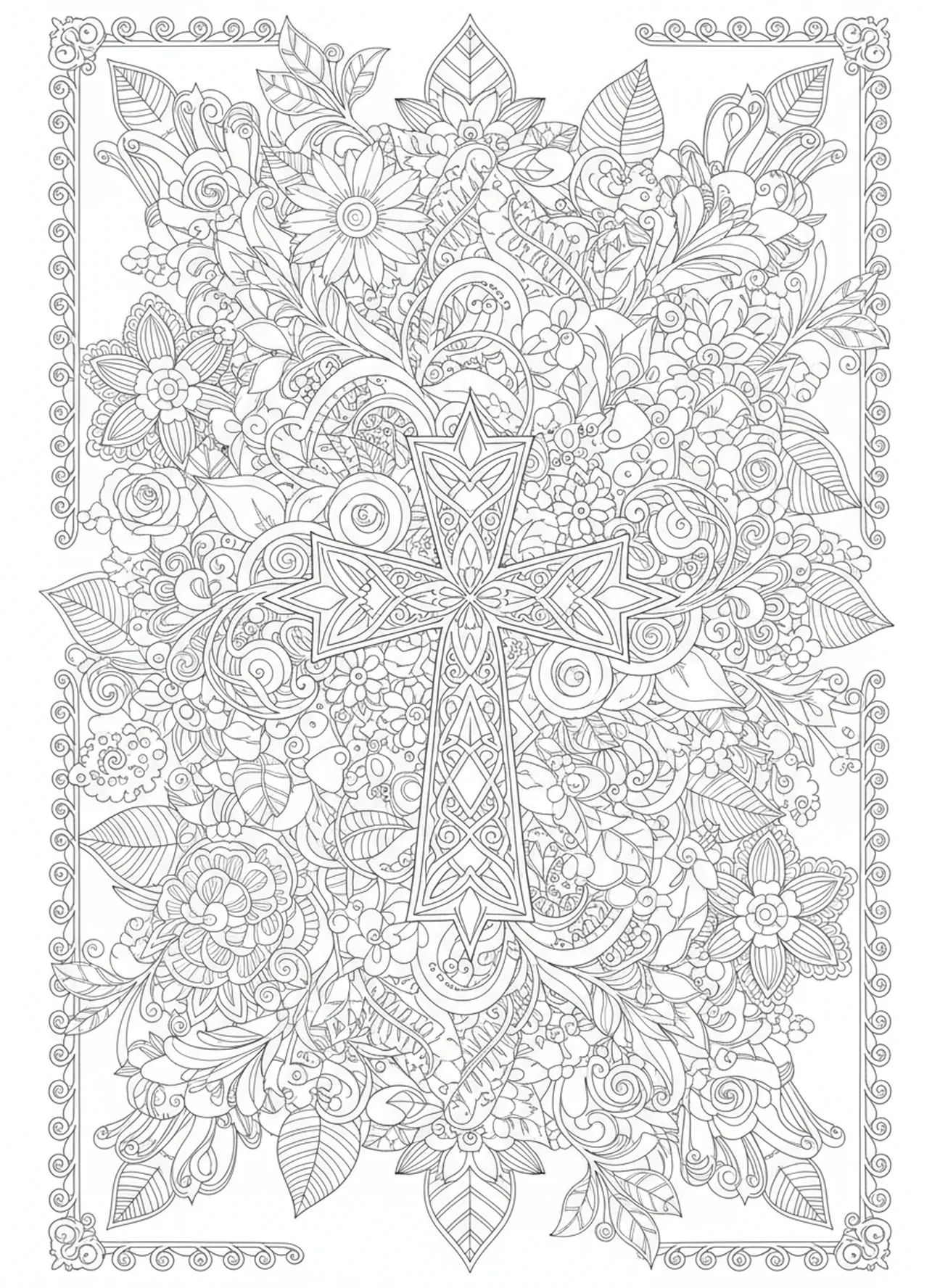 Cruz de ferro cercada por flores, página de colorir da Cruz de Ferro para adultos no estilo de journaling bíblico.
