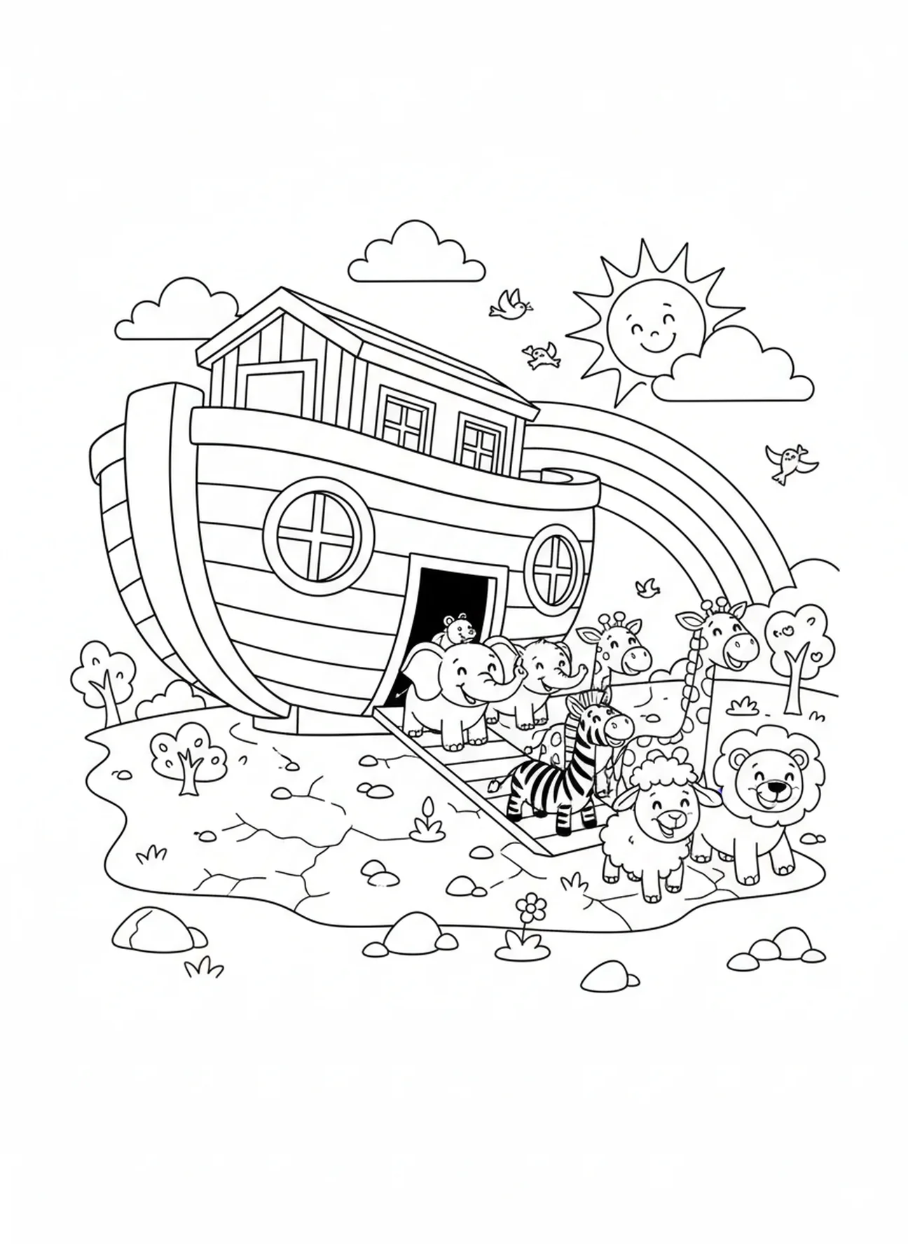 Tiere, die aus der Arche treten, Ausmalbild mit dem Eisernen Kreuz für Kinder im Alter von 5-10 Jahren.
