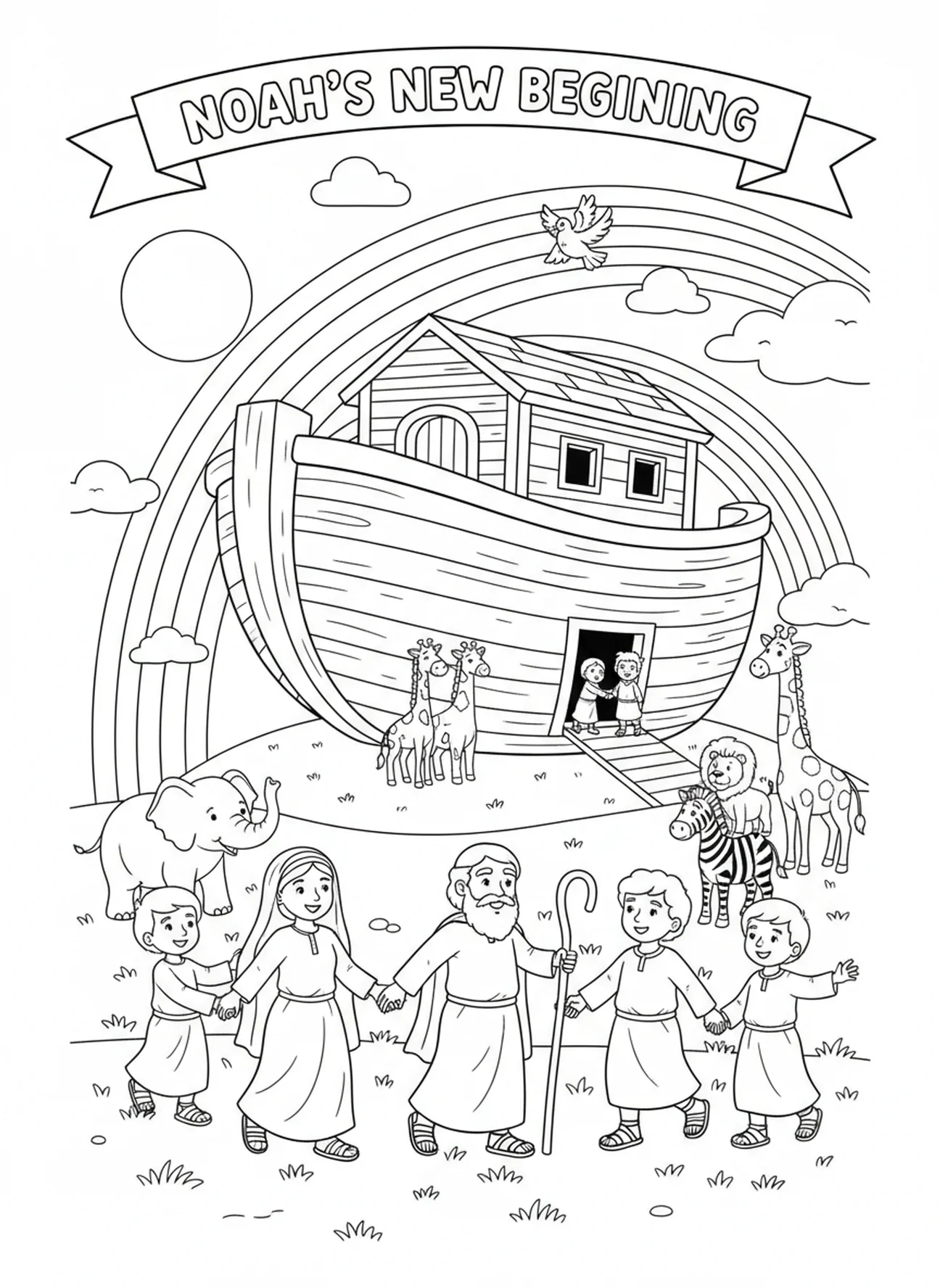 Noah mit seiner Familie, Ausmalbild für Kinder im Alter von 5-10 Jahren.