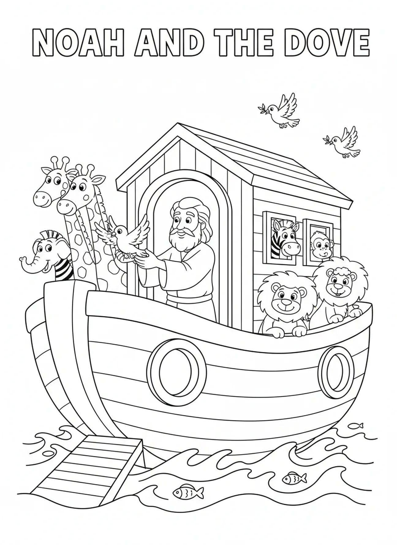 Noah, der eine Taube freilässt, Ausmalbild für Kinder im Alter von 5-10 Jahren.