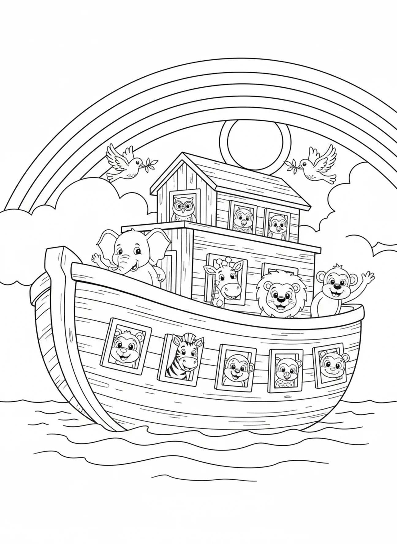 Regenbogen über der Arche, Ausmalbild für Kinder im Alter von 5-10 Jahren.