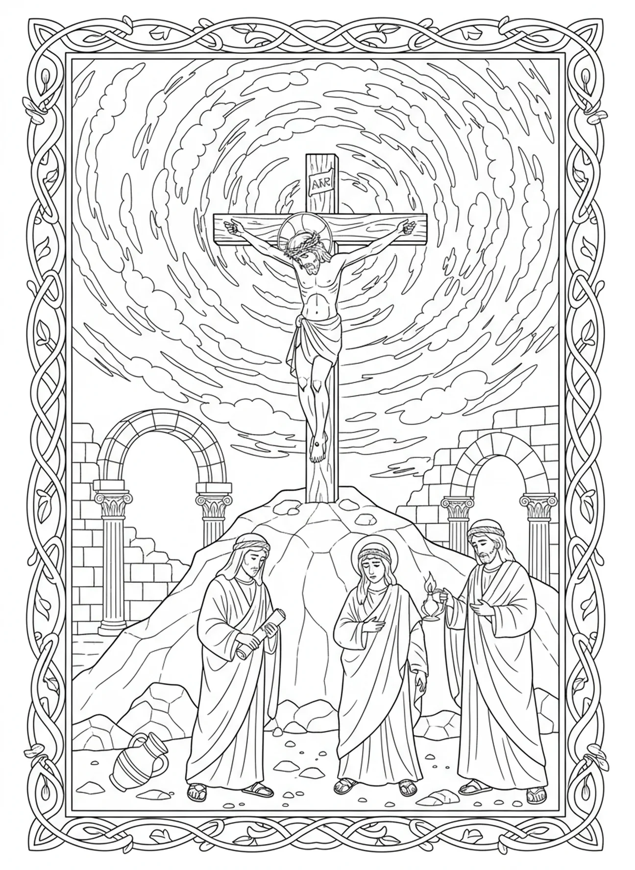 Verdunkelter Himmel während der Kreuzigung, Ausmalbild vom Eisernen Kreuz für Sonntagsschulkinder im Alter von 5-12 Jahren.