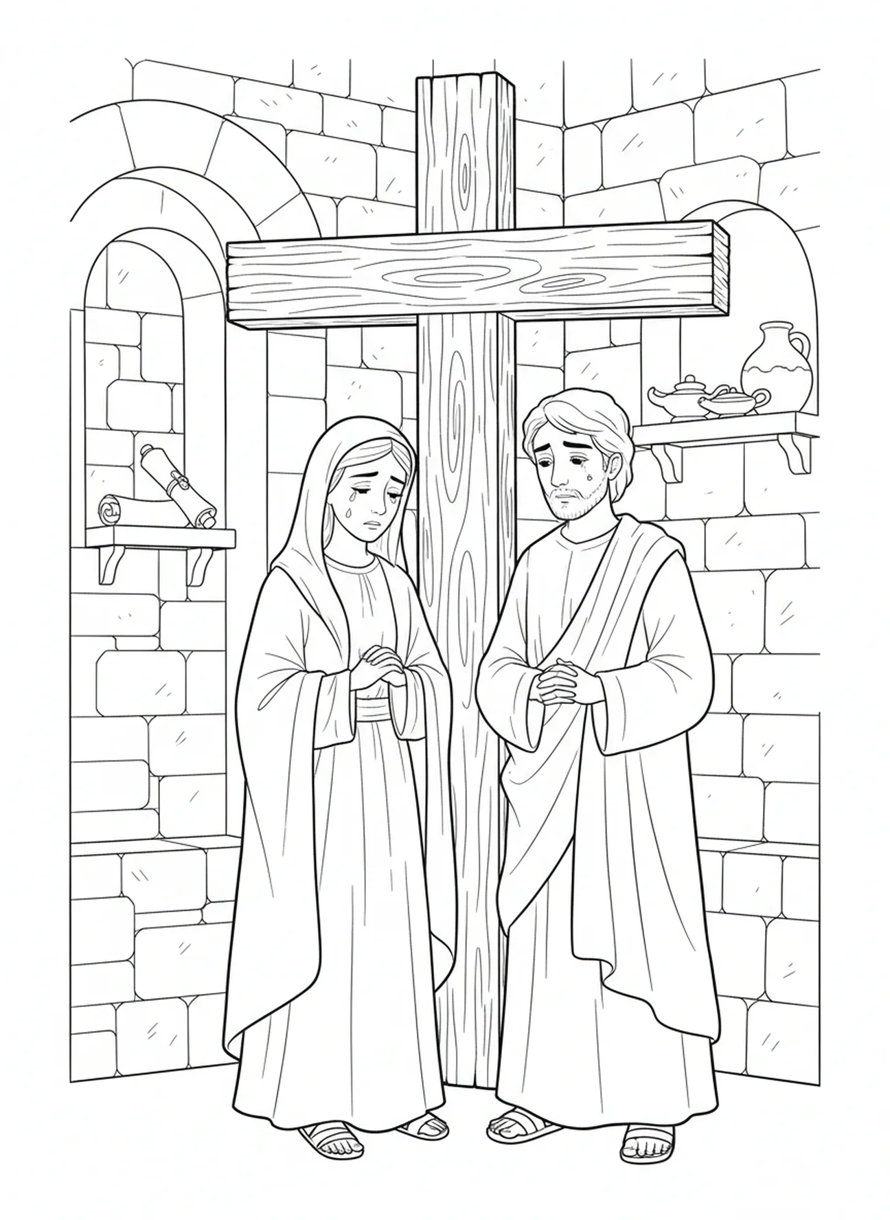Maria und Johannes am Kreuz, Ausmalbild für die Sonntagsschule für Kinder im Alter von 5-12 Jahren.