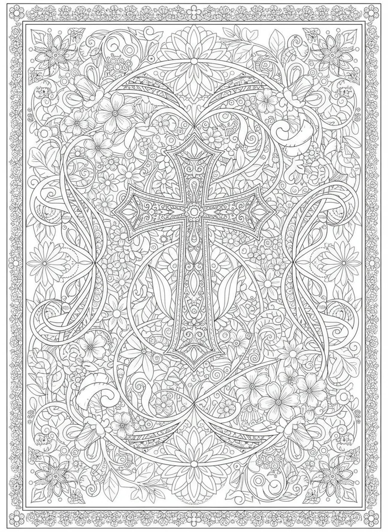 Motifs floraux autour de la croix, page à colorier croix ornée pour le style de journalisation biblique pour adultes