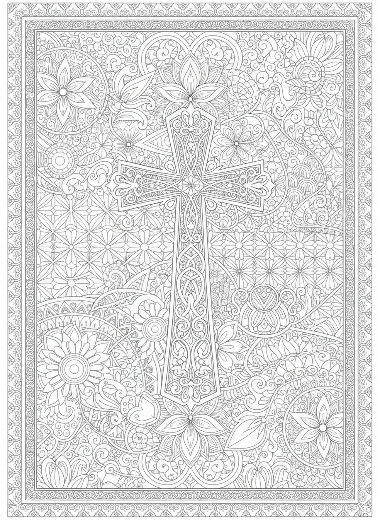 Motifs méditatifs avec croix, page à colorier de croix ornée pour le style de journal biblique pour adultes