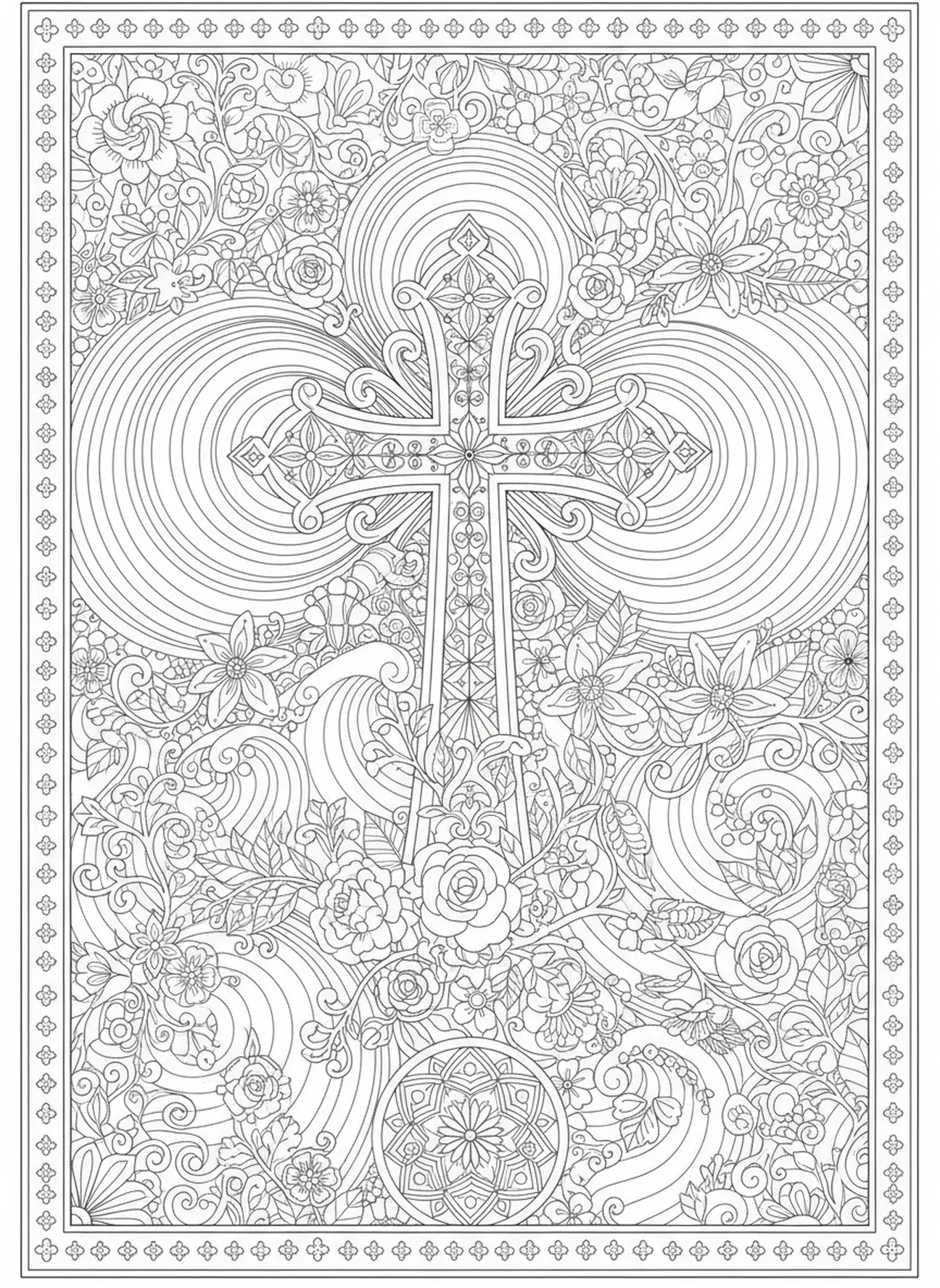Vagues décoratives autour de la croix, page à colorier de croix ornée pour le style de journal biblique pour adultes