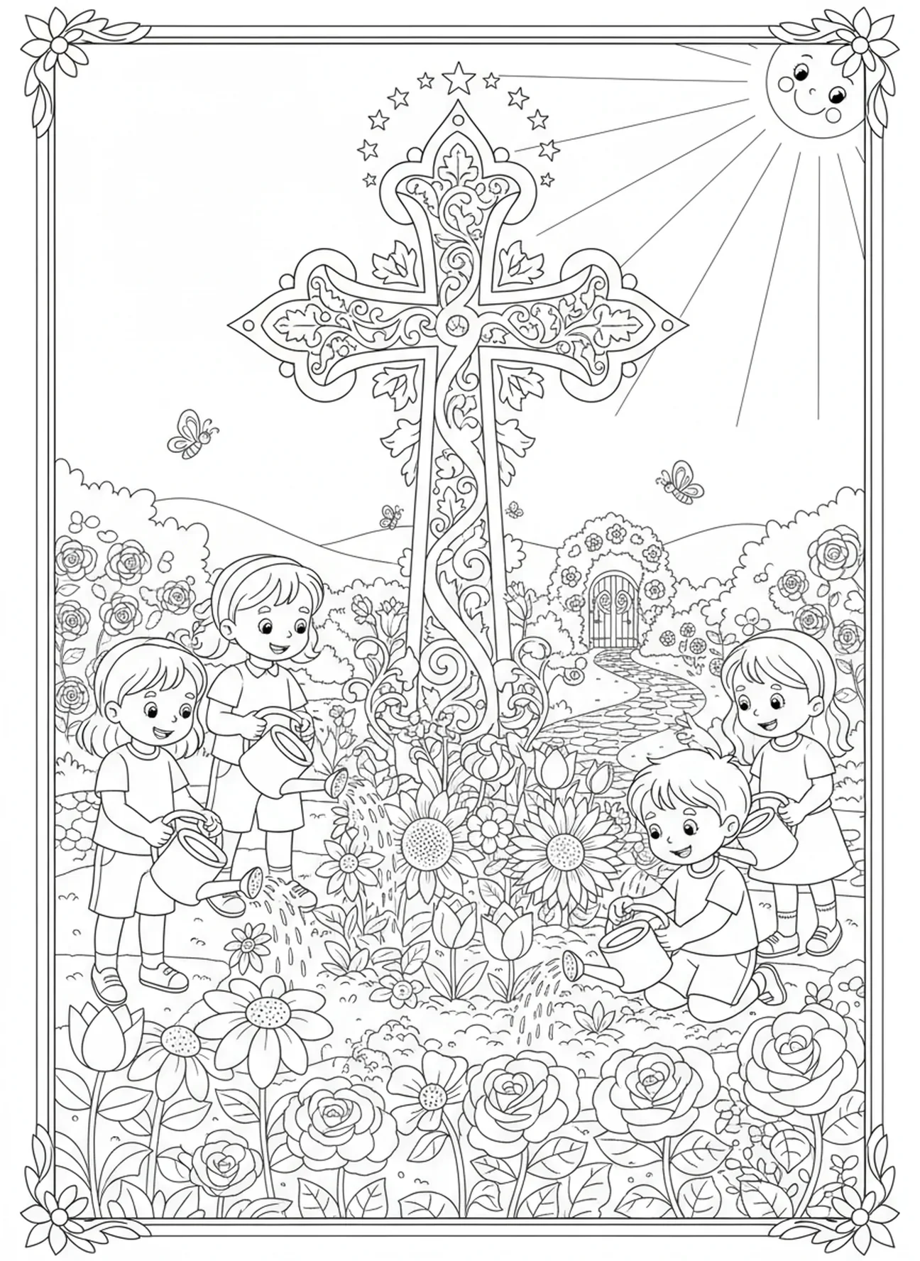 Enfants arrosant des plantes, page à colorier de la Croix ornée pour les enfants de 5 à 10 ans