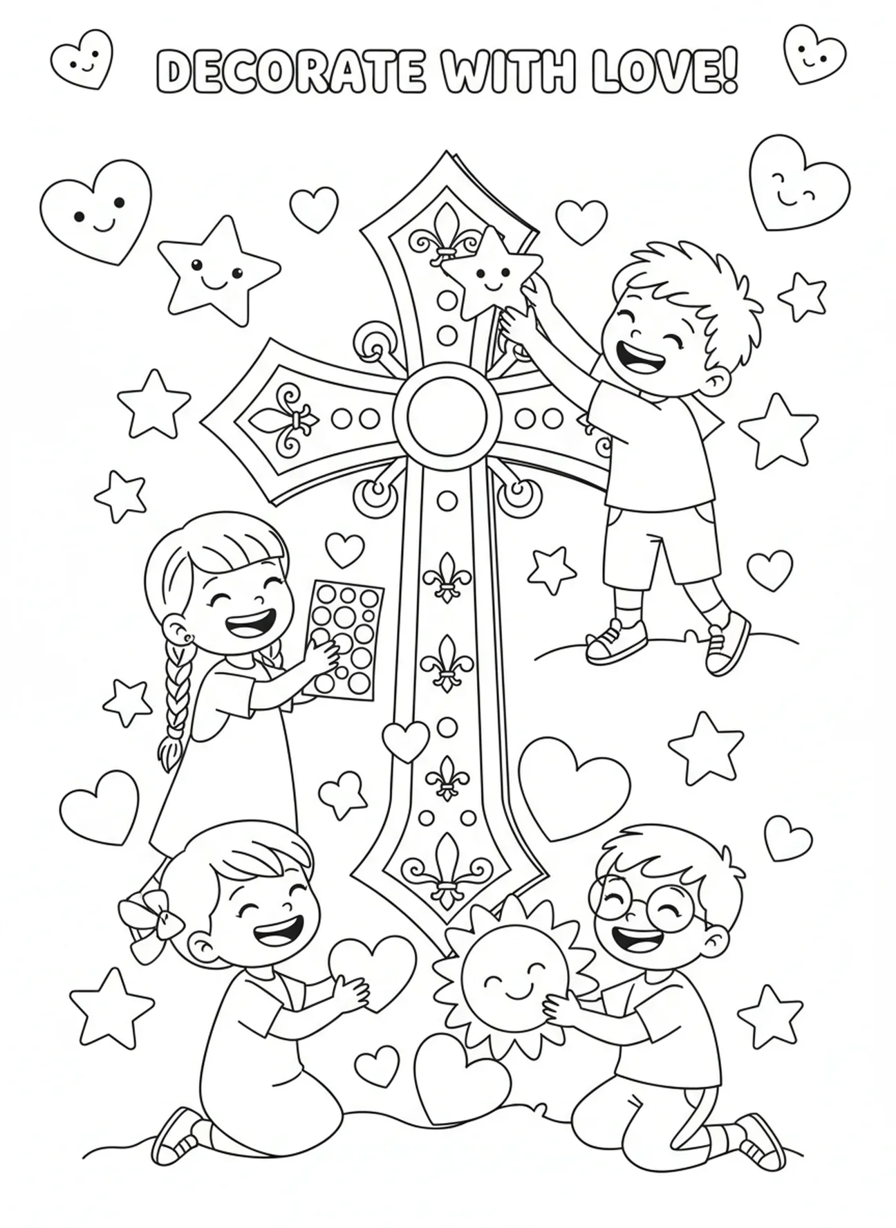 Enfants décorant la croix, page à colorier de la croix ornée pour les enfants de 5 à 10 ans