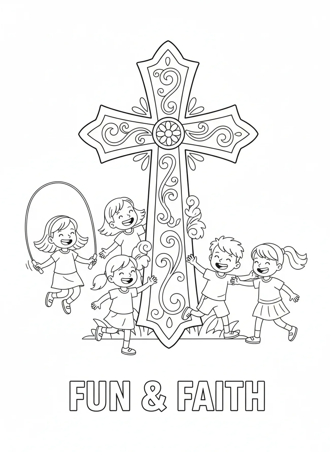 Enfants jouant à des jeux, page à colorier de la Croix ornée pour les enfants de 5 à 10 ans