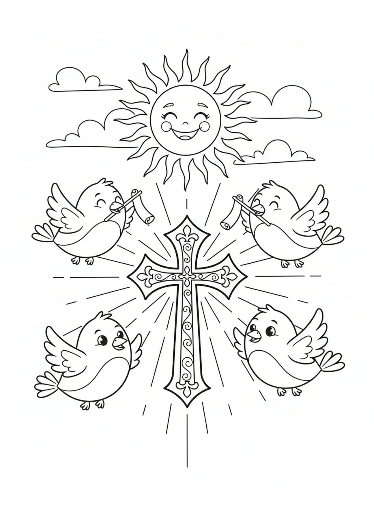 Soleil souriant et oiseaux, page à colorier de la Croix ornée pour enfants de 5 à 10 ans