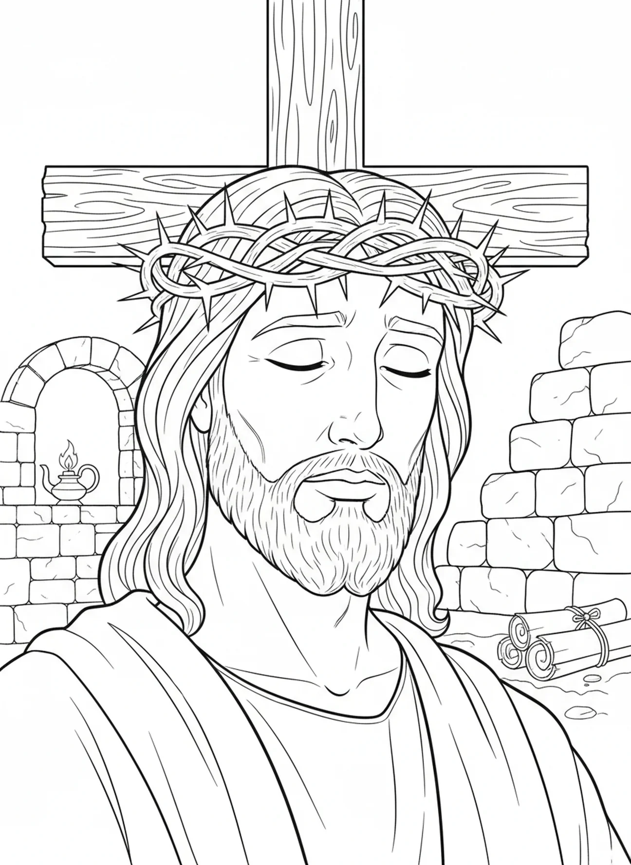 Jesus usando uma coroa de espinhos, página para colorir da Cruz Ornamentada para crianças da Escola Dominical de 5 a 12 anos