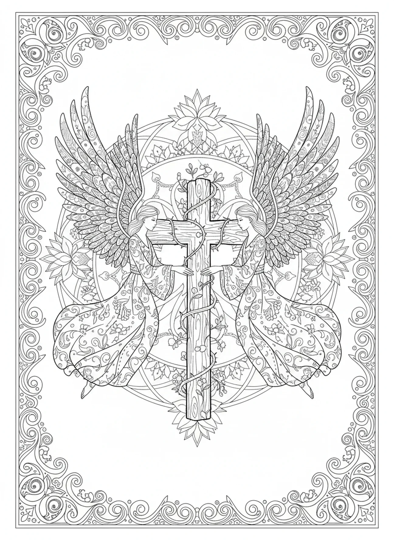 Anielskie postacie otaczające krzyż, kolorowanka Rugged Cross dla dorosłych w stylu dziennika biblijnego.