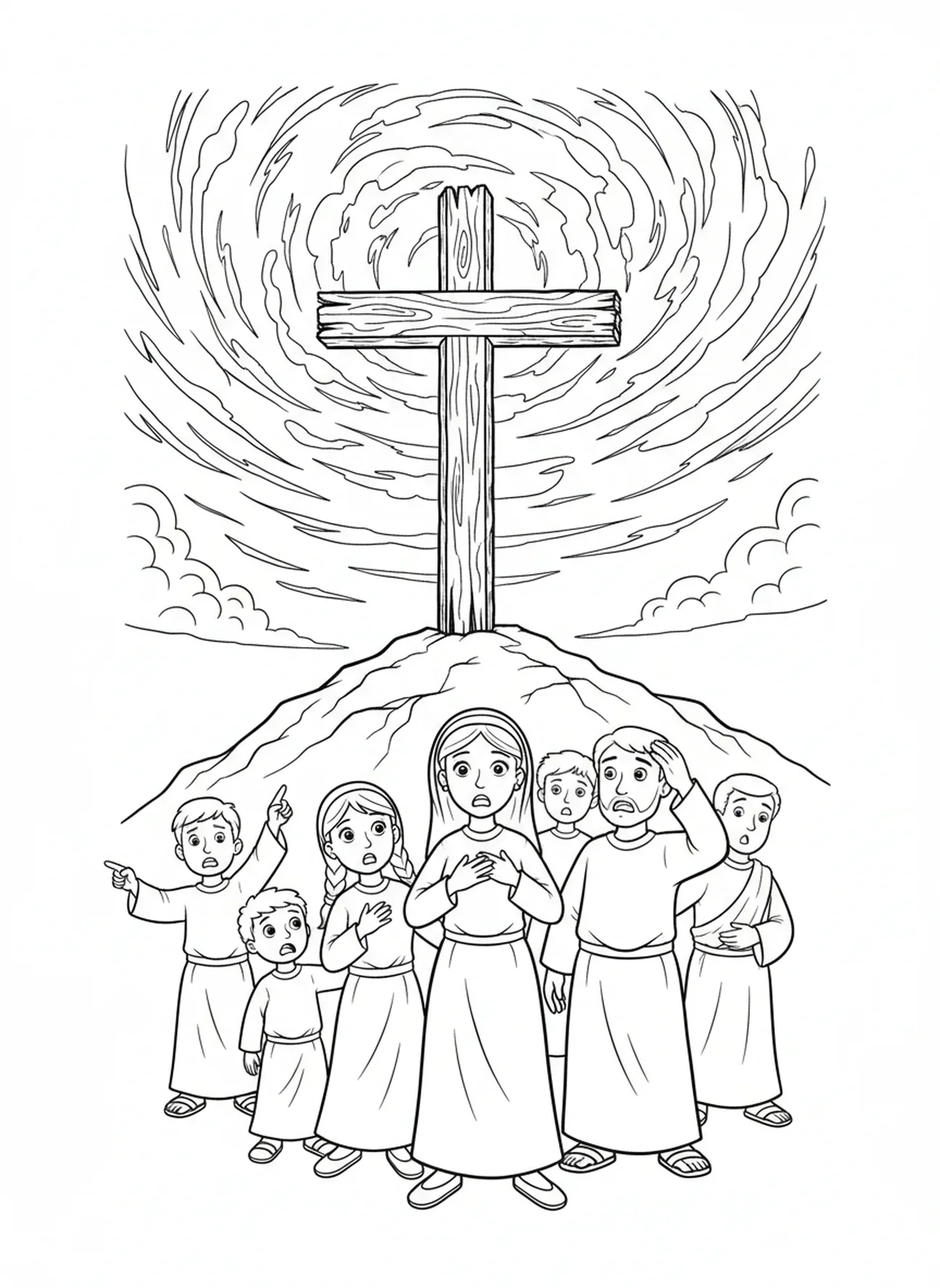 Dunkler Himmel über dem rauen Kreuz, Ausmalbild vom rauen Kreuz für Kinder im Alter von 5-10 Jahren.