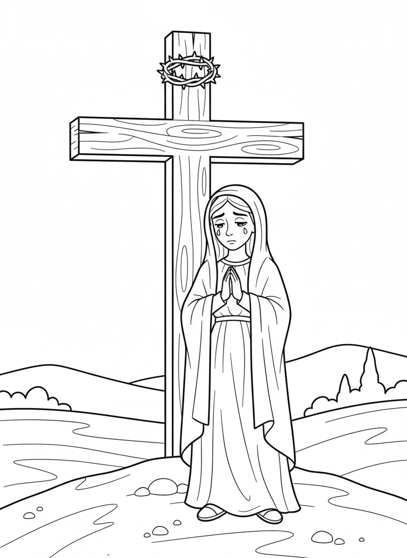 Maria am Fuß des Kreuzes, Ausmalbild des rauen Kreuzes für Kinder im Alter von 5-10 Jahren.