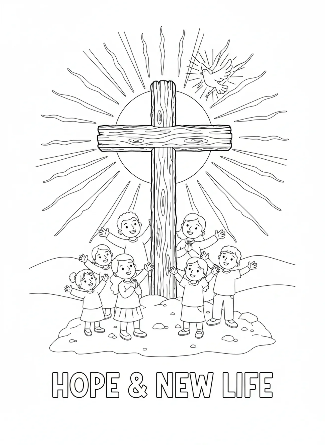 Helles Licht vom rauen Kreuz, Ausmalbild vom rauen Kreuz für Kinder im Alter von 5-10 Jahren.