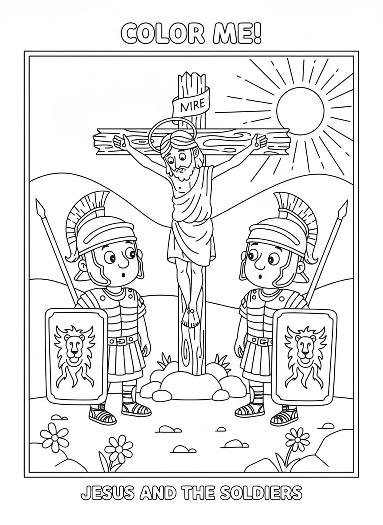 Zwei Soldaten neben dem Kreuz, Ausmalbild des rauen Kreuzes für Kinder im Alter von 5-10 Jahren.