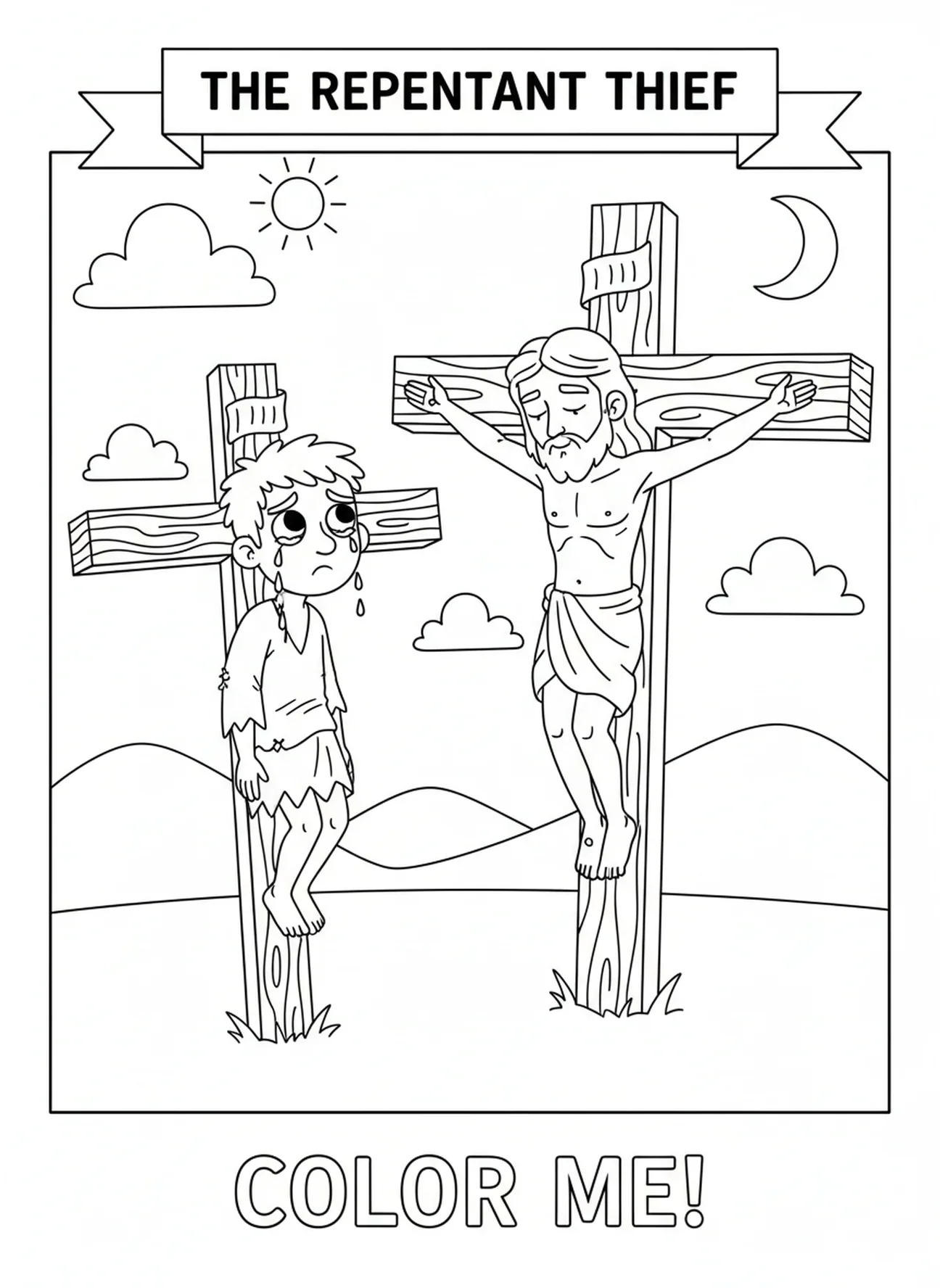 Diebe neben Jesus am Kreuz, Ausmalbild vom rauen Kreuz für Kinder im Alter von 5-10 Jahren.
