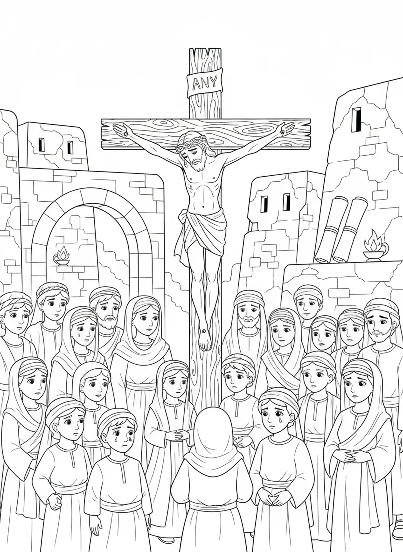 Foule regardant la crucifixion, page à colorier de la Croix Rugueuse pour les enfants de l'École du dimanche âgés de 5 à 12 ans.