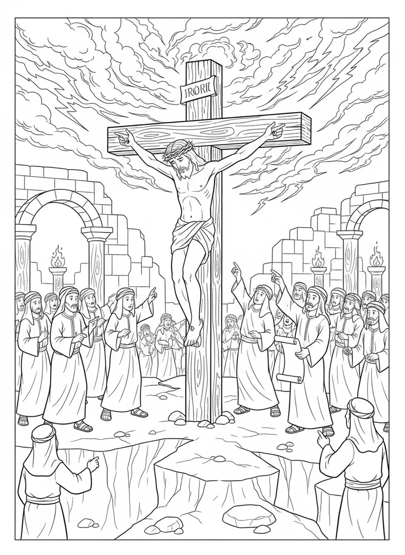 Tremblement de terre et obscurité à la crucifixion, page à colorier de la Croix Rugueuse pour les enfants de l'École du dimanche âgés de 5 à 12 ans.