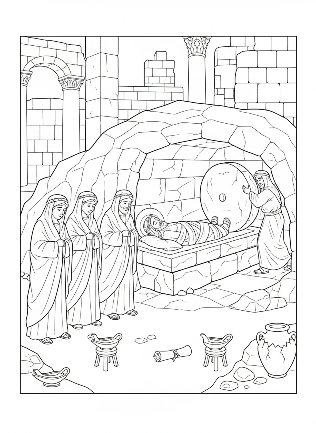 Jésus étant enseveli dans le tombeau, page à colorier de la Croix Rugueuse pour les enfants de l'École du dimanche âgés de 5 à 12 ans.