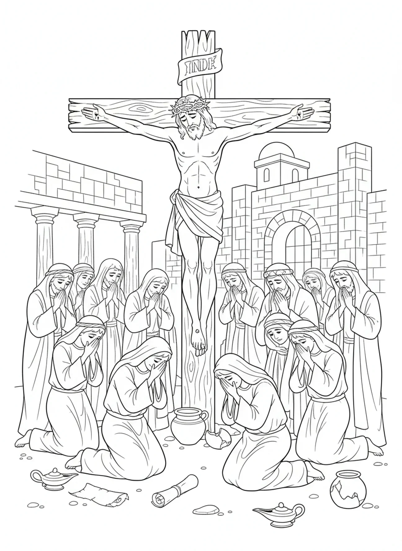 Jésus sur la croix, page à colorier de la Croix Rugueuse pour les enfants de l'École du dimanche âgés de 5 à 12 ans.