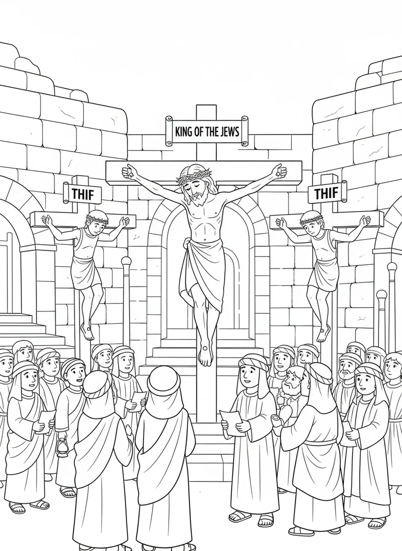 Deux voleurs crucifiés, page à colorier de la Croix Rugueuse pour les enfants de l'École du dimanche âgés de 5 à 12 ans.
