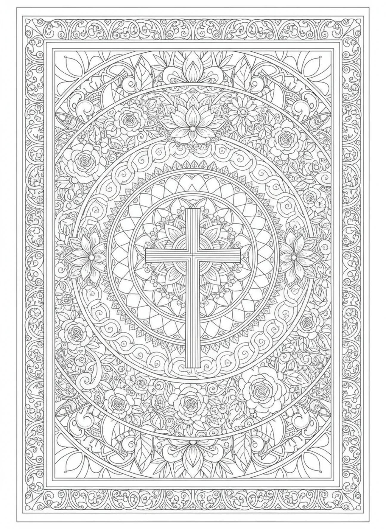 Kreuz umgeben von kunstvollen Mustern, Ausmalbild eines Holzkreuzes für Erwachsene im Stil des Bibel-Journalings.