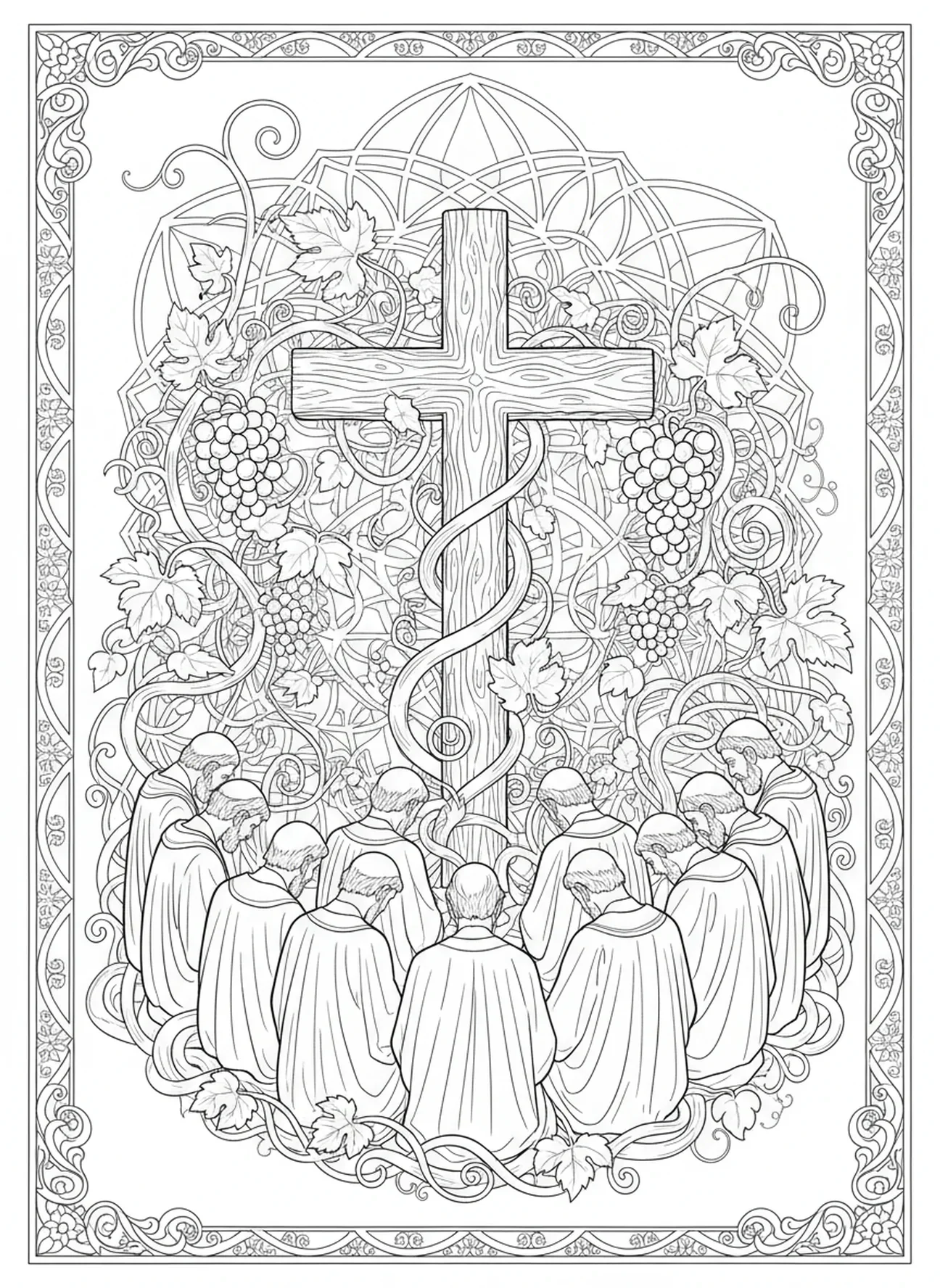 Jünger versammelt um das Kreuz, Ausmalbild Holz-Kreuz für Erwachsene im Stil des Bibel-Journaling.