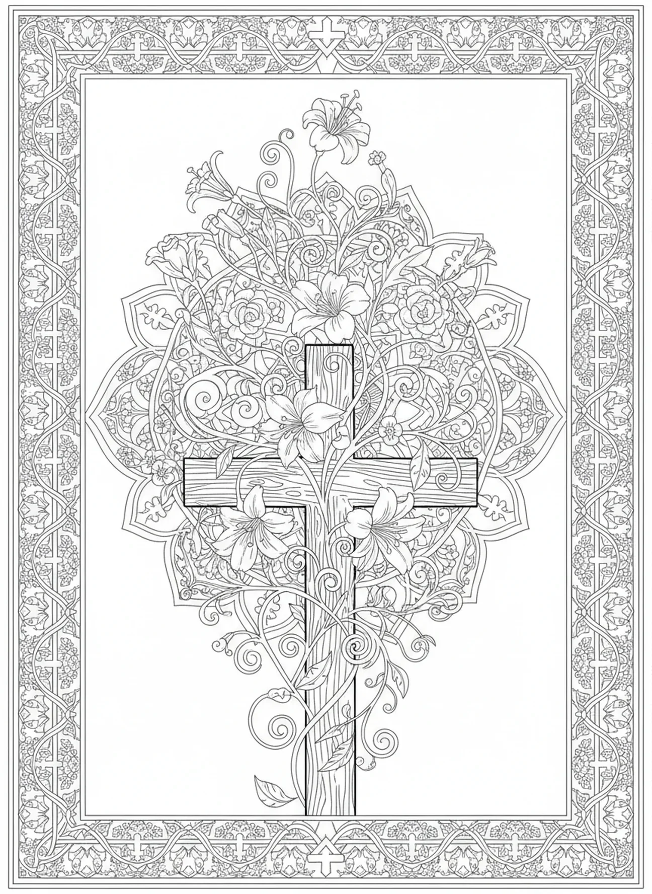 Blumen blühen am Fuß des Kreuzes, Ausmalbild des Holzkreuzes im Stil des Bibel-Journalings für Erwachsene.