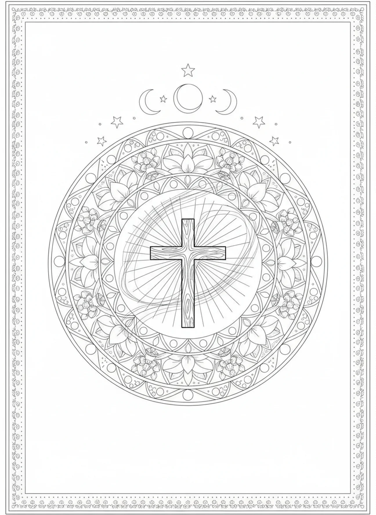 Licht, das vom Kreuz ausgeht, Ausmalbild eines Holz-Kreuzes für Erwachsene im Stil des Bibel-Journalings.