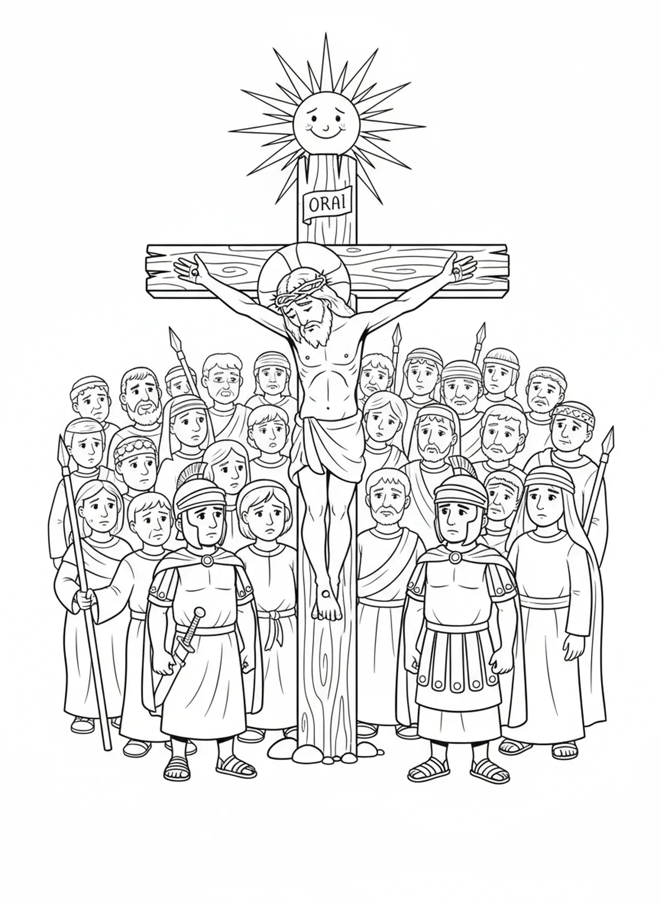 Jésus sur la croix, page à colorier de la Croix en bois pour les enfants de 5 à 10 ans
