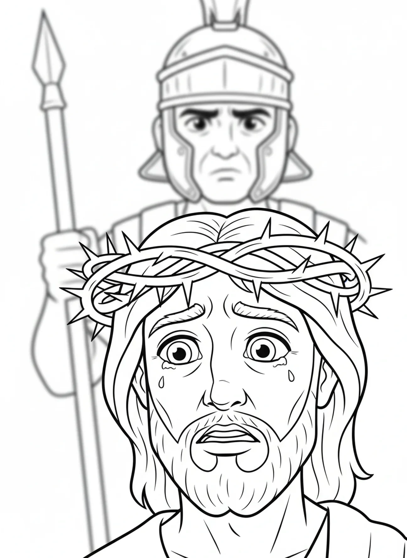 Couronne d'épines sur Jésus, page à colorier de la Croix en bois pour les enfants de 5 à 10 ans