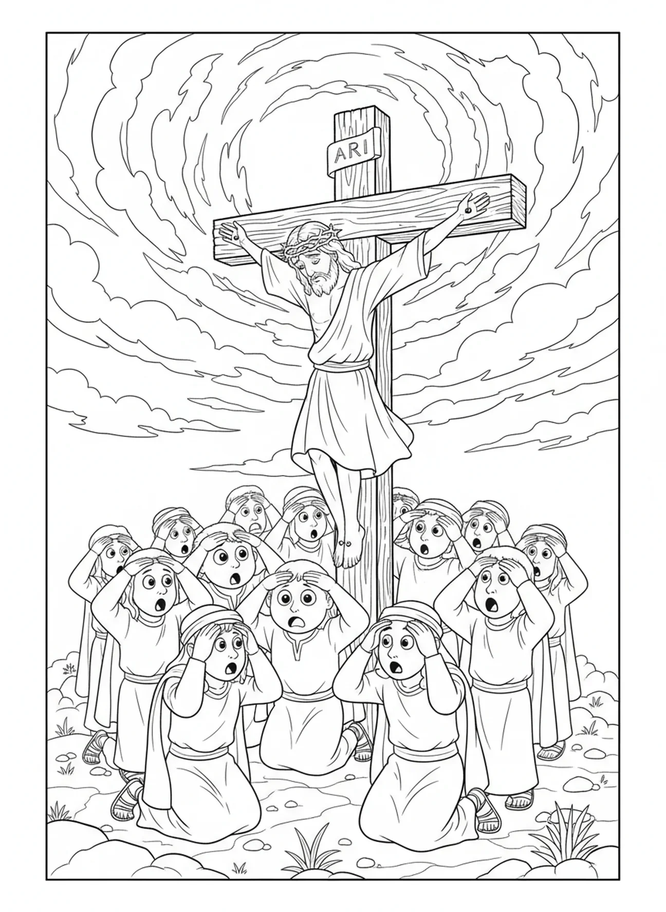 Ciel sombre pendant la crucifixion, page à colorier de la Croix en bois pour enfants de 5 à 10 ans