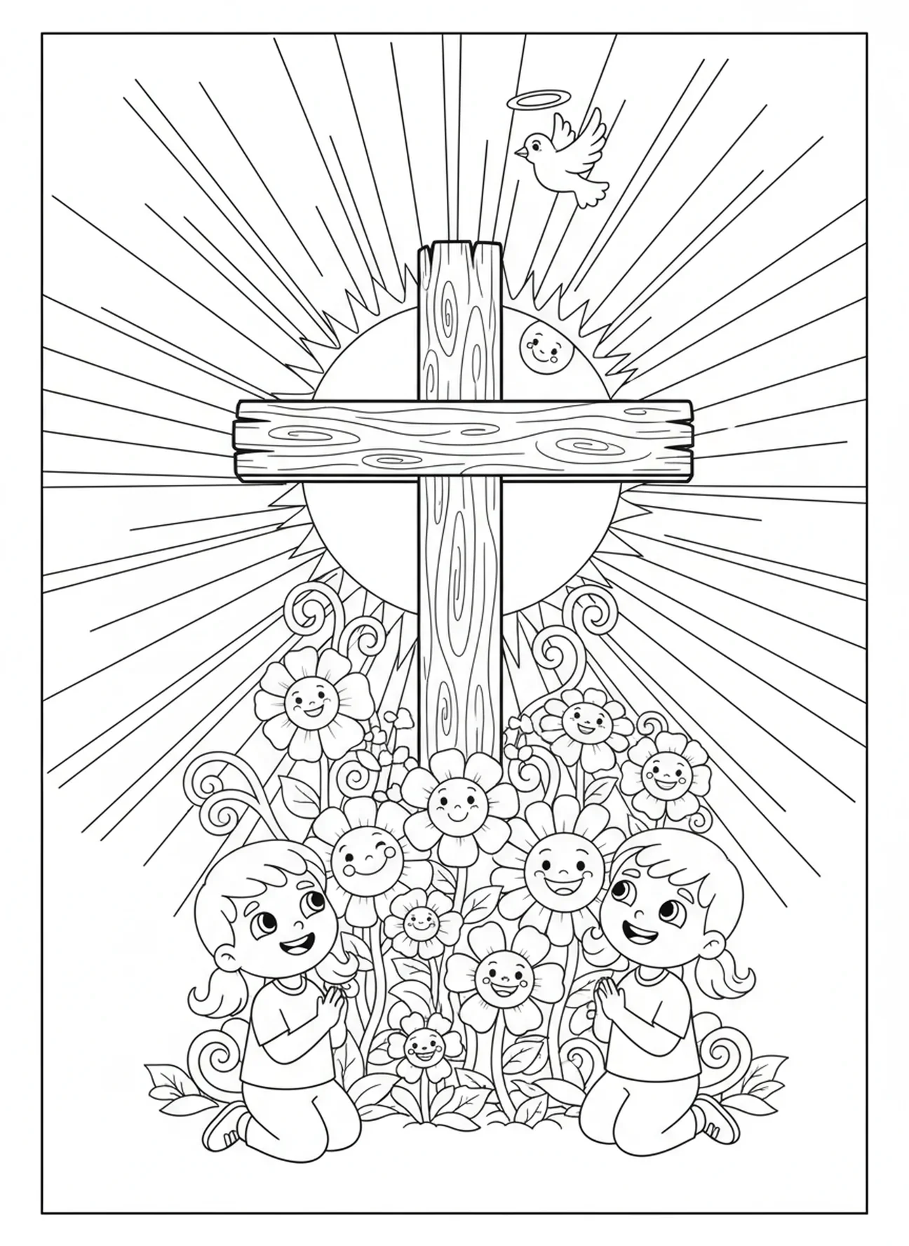 Croix avec lumière et fleurs, page à colorier de la Croix en bois pour enfants de 5 à 10 ans