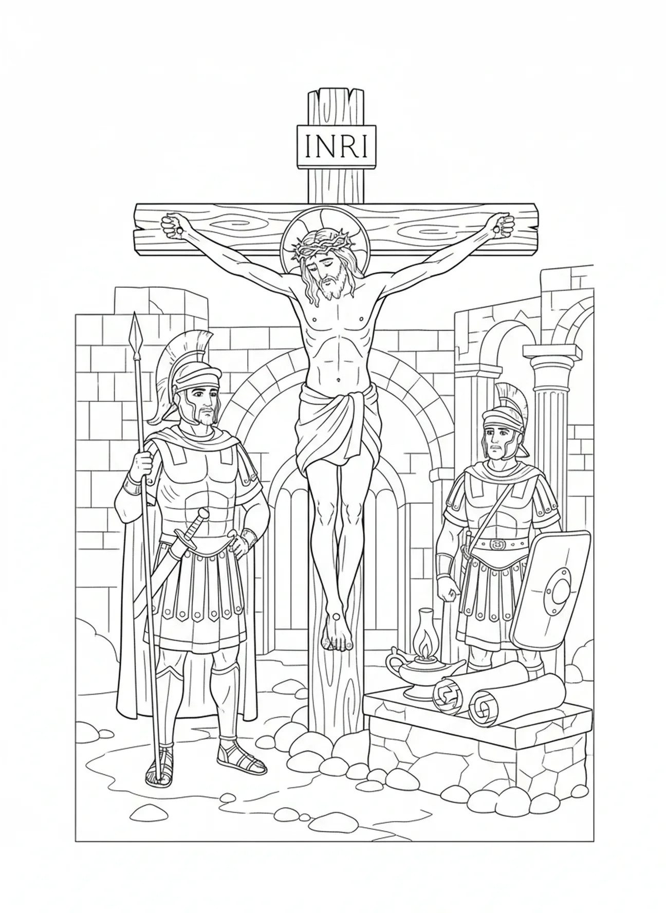 Jésus sur la croix, page à colorier de la Croix en bois pour les enfants de l'École du dimanche âgés de 5 à 12 ans